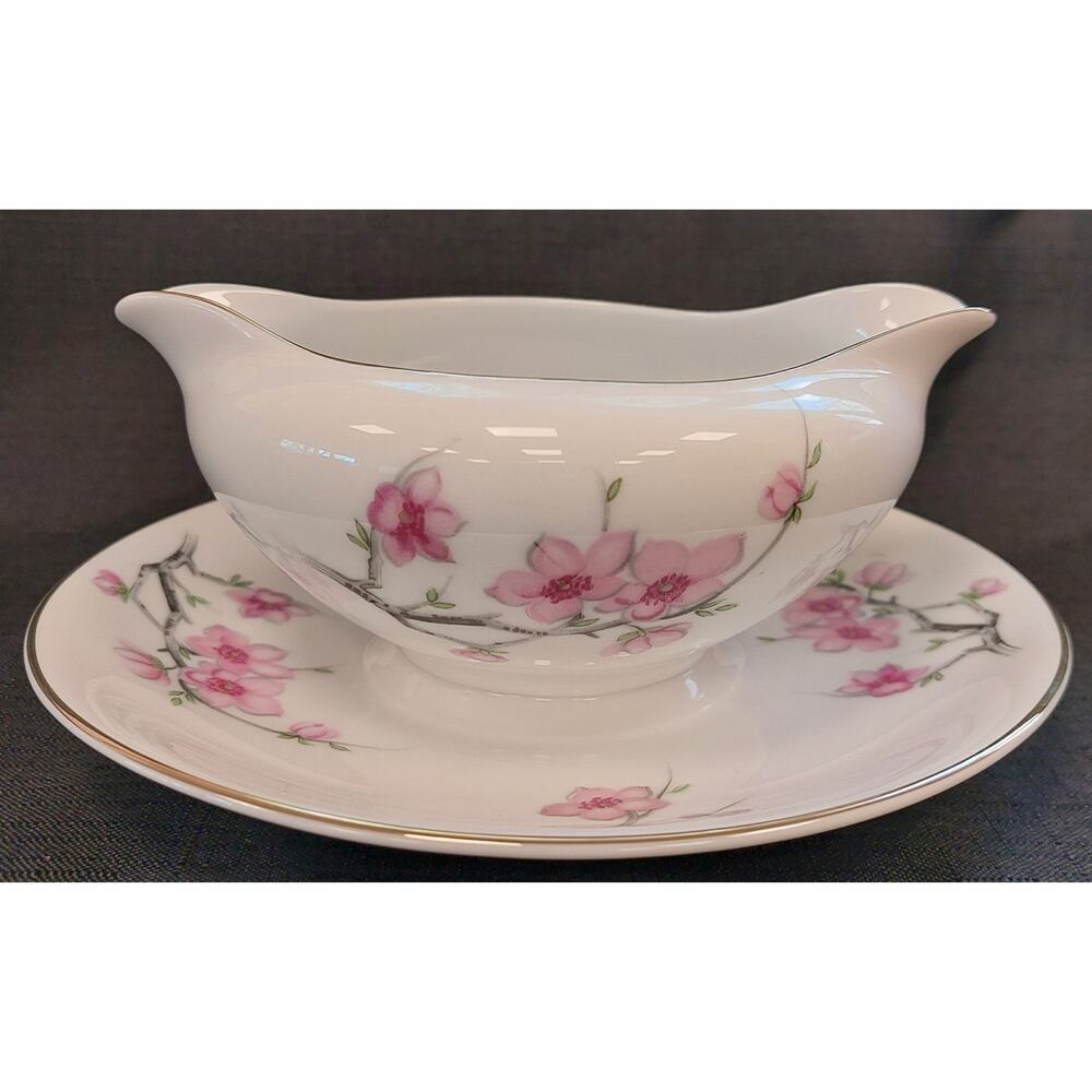 Gravy Boat with Attached Underplate Cherry Blossom Pattern by Diamond China